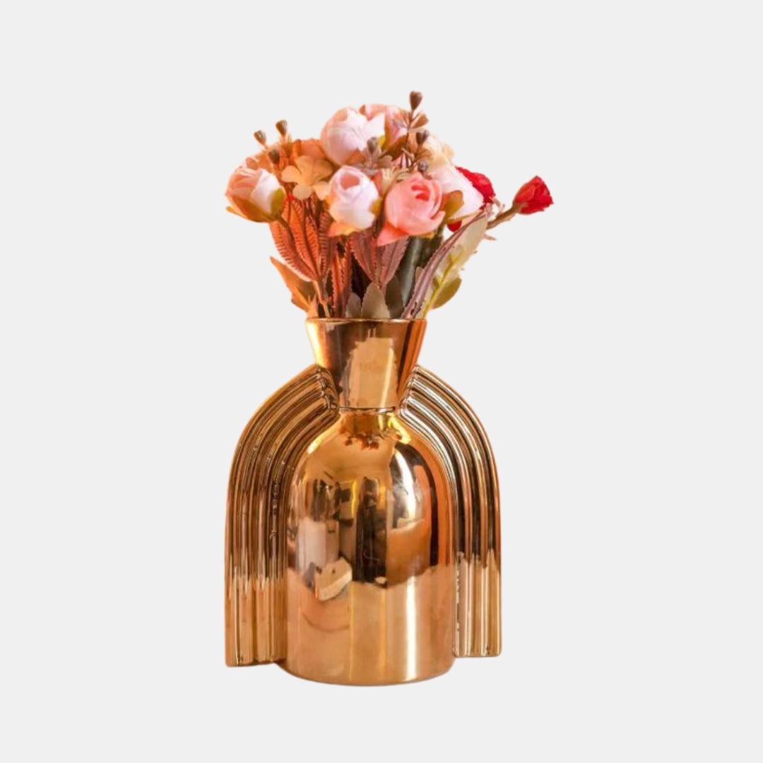 uniHOOF GOLD THREE STRIPES REFLECTIVE VASE | Metal Flower Vase, Minimalist Gold Vase For Home Decoration | Vase For Home | Metal Vase Golden