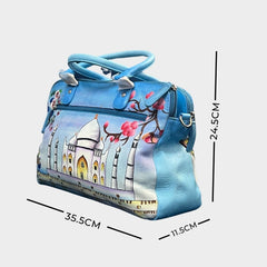 SPACIOUS SKY BLUE TAJ MAHAL HANDPAINTED 100% PURE LEATHER BAG