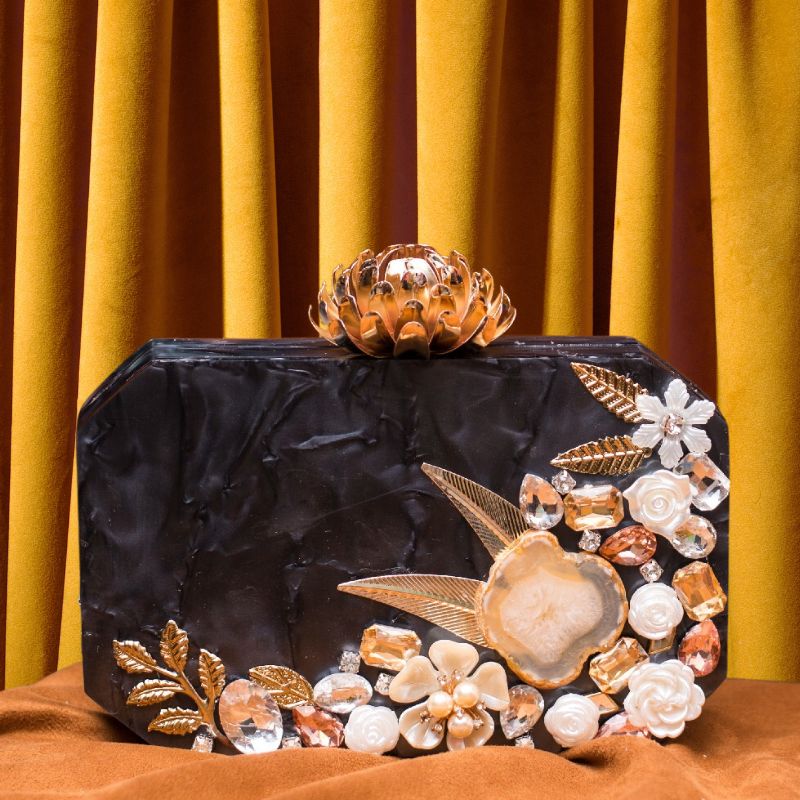 BLACK ACRYLIC CLUTCH-0099 | Clutch Bag Hand Bag Acrylic Clutches for Women Bridal Clutch for Wedding Celebrities Party Evening Marble Purse Floral Clutch For Women's & Girls (Black)