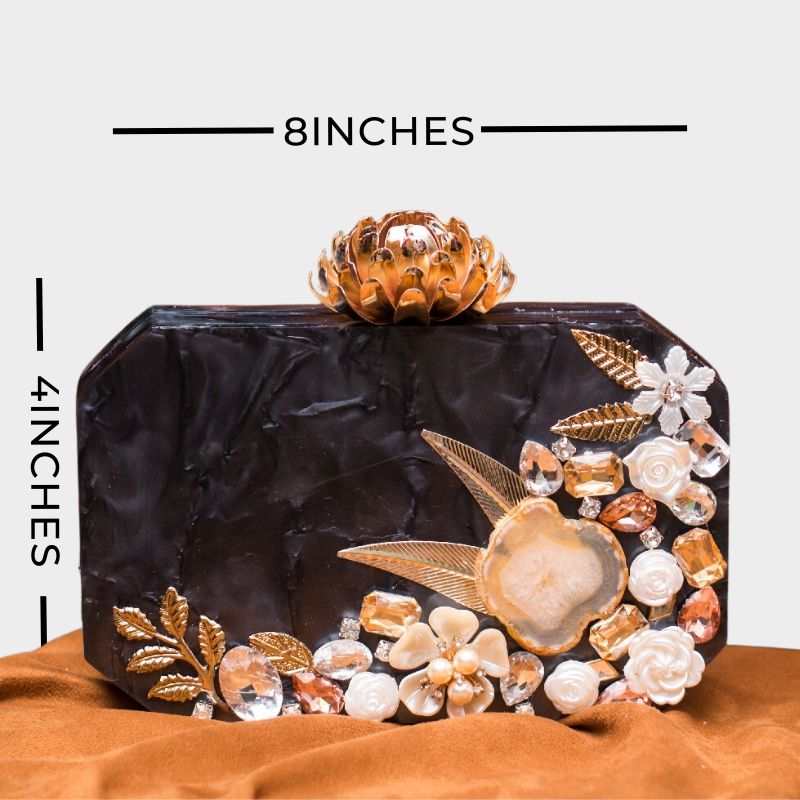 BLACK ACRYLIC CLUTCH-0099 | Clutch Bag Hand Bag Acrylic Clutches for Women Bridal Clutch for Wedding Celebrities Party Evening Marble Purse Floral Clutch For Women's & Girls (Black)