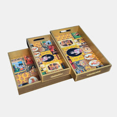 GOLDEN PRINTED WOODEN TRAY SET OF 3