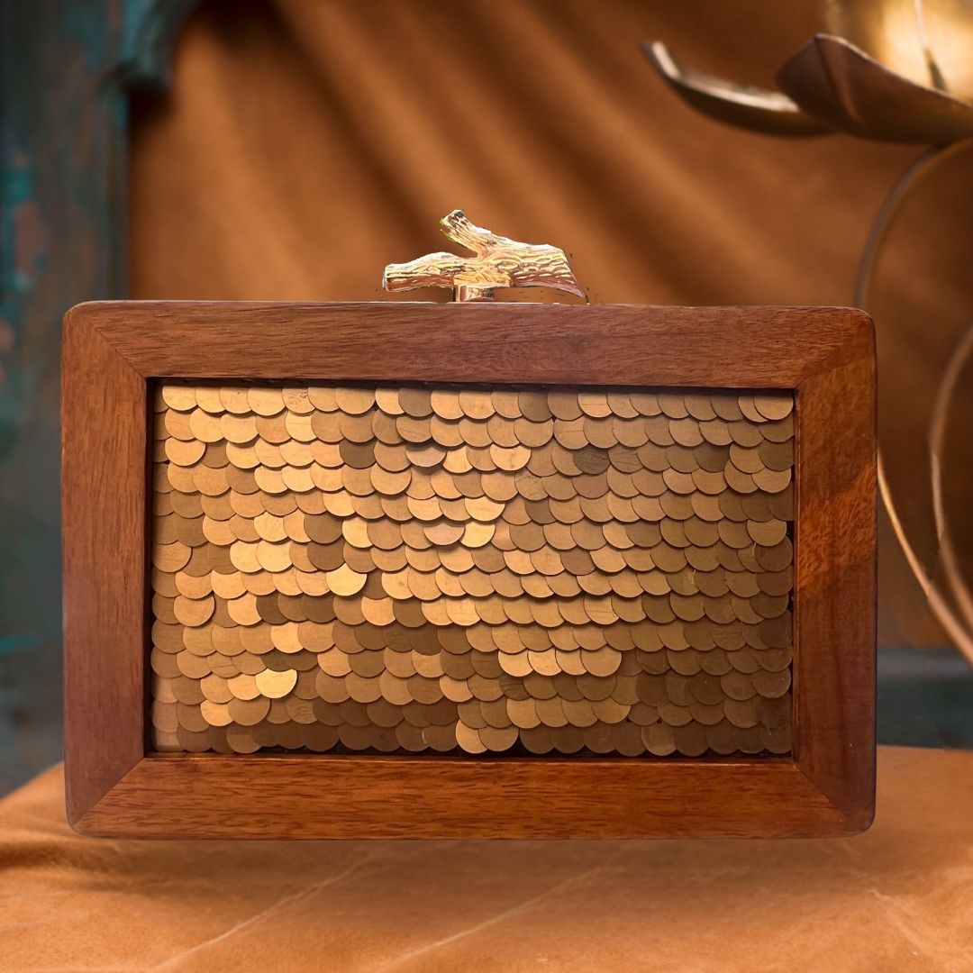 GOLD EMBELLISHED WOODEN CLUTCH