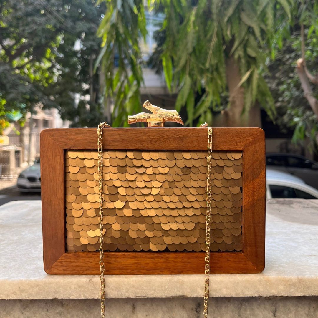 GOLD EMBELLISHED WOODEN CLUTCH