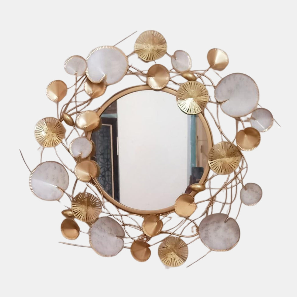 GOLD AND WHITE METAL FRAME ROUND WALL MIRROR