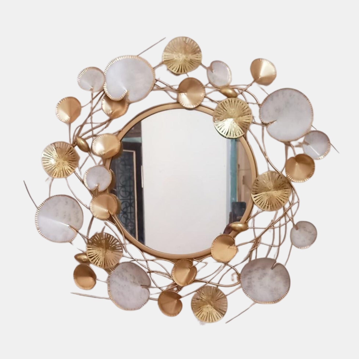 GOLD AND WHITE METAL FRAME ROUND WALL MIRROR