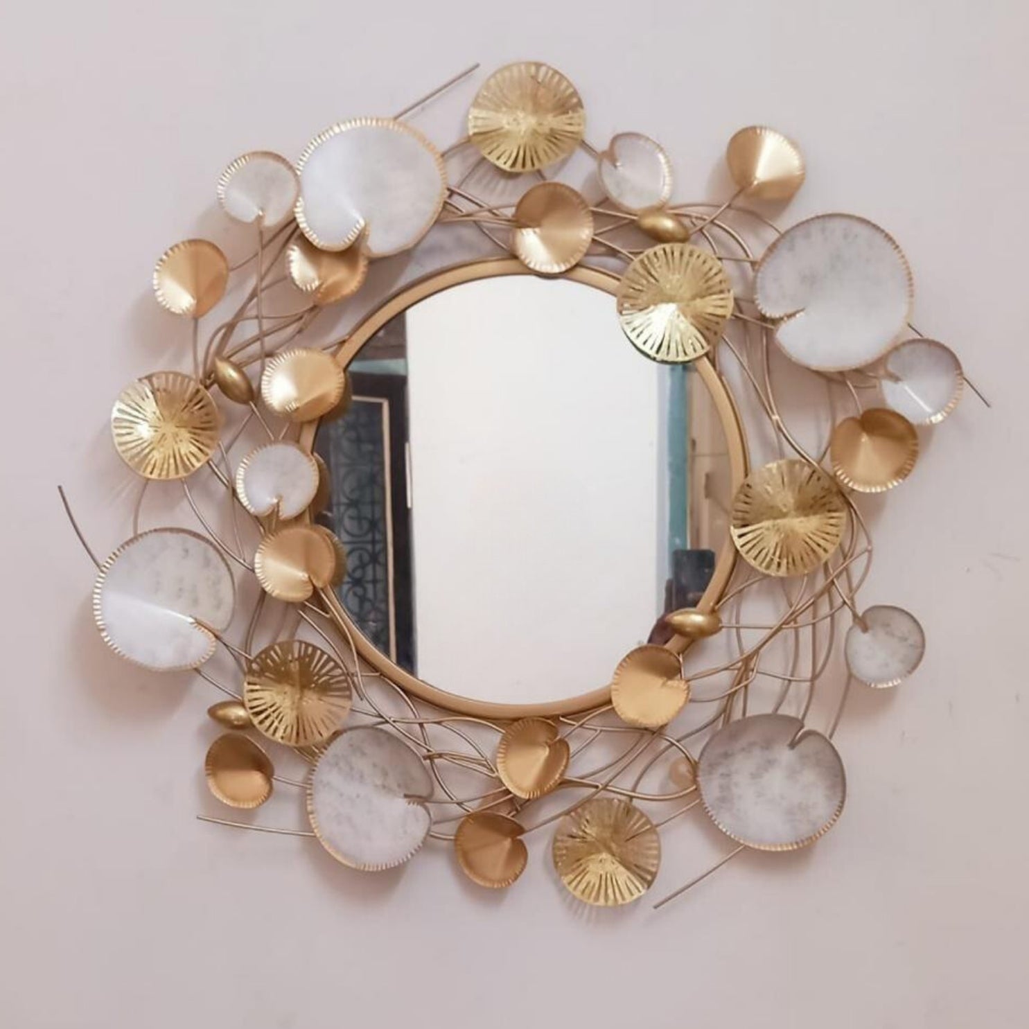 GOLD AND WHITE METAL FRAME ROUND WALL MIRROR