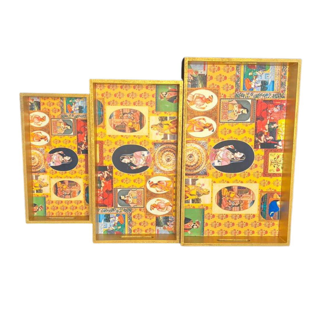 GOLDEN PRINTED WOODEN TRAY SET OF 3
