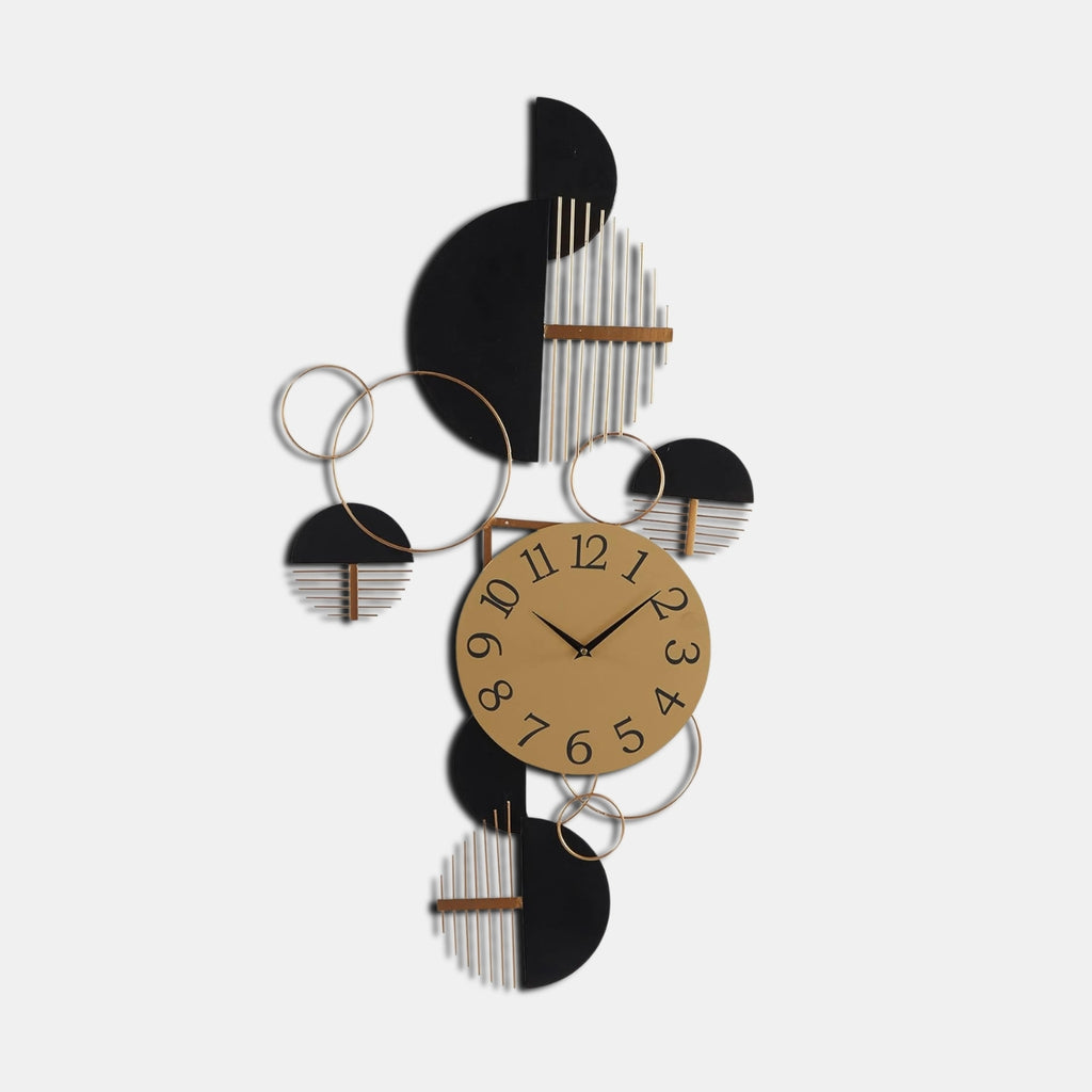 METAL GEOMETRIC HALF MOON WALL CLOCK WITH ADJUSTABLE CLOCK FACE 44X1X23 INCHES