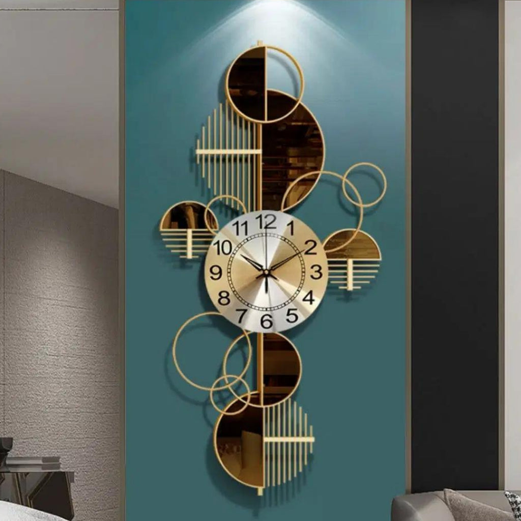 METAL GEOMETRIC HALF MOON WALL CLOCK WITH ADJUSTABLE CLOCK FACE 44X1X23 INCHES