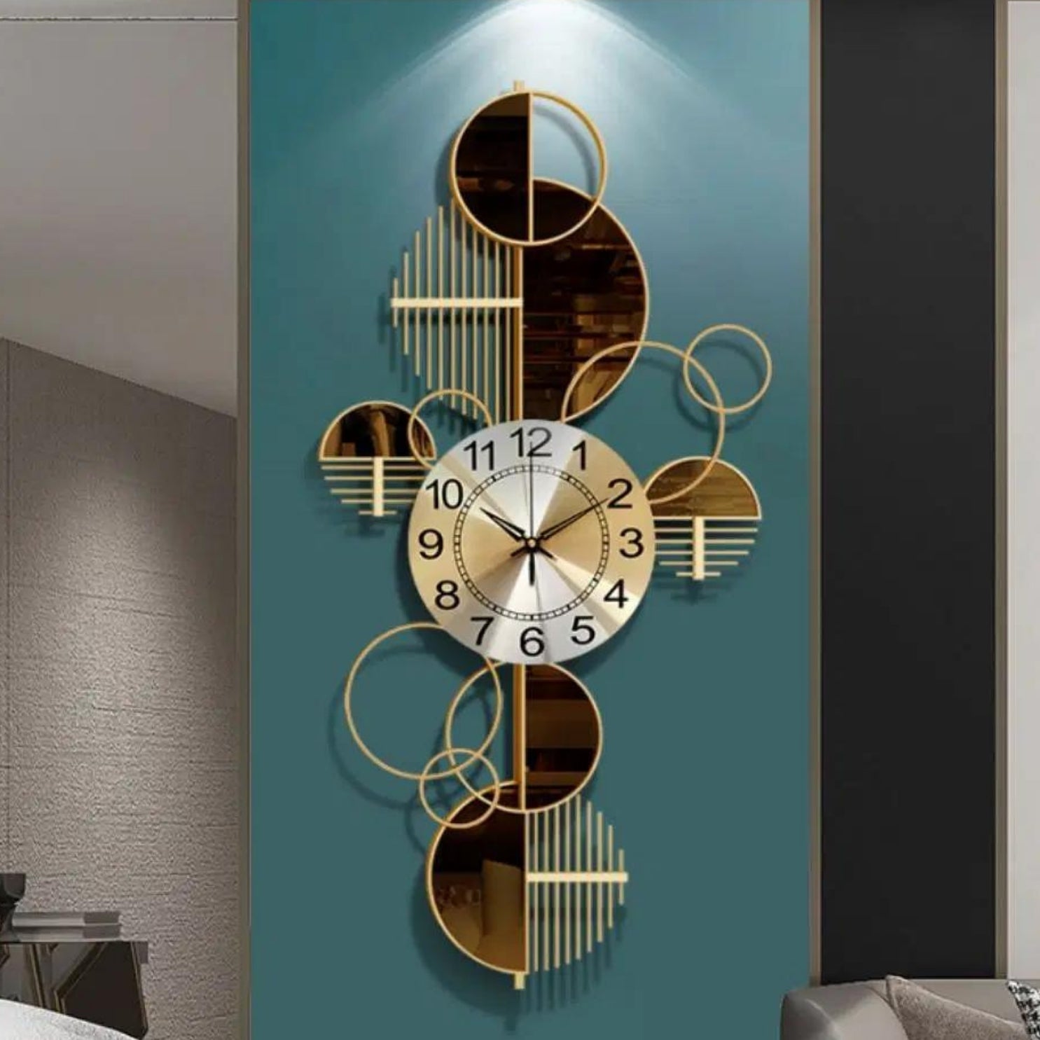METAL GEOMETRIC HALF MOON WALL CLOCK WITH ADJUSTABLE CLOCK FACE 44X1X23 INCHES