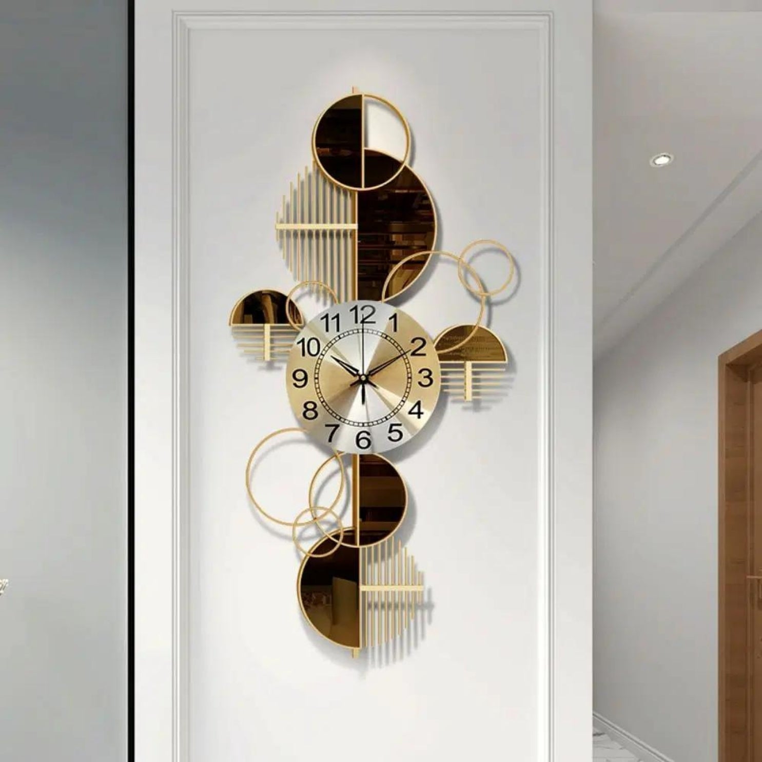 METAL GEOMETRIC HALF MOON WALL CLOCK WITH ADJUSTABLE CLOCK FACE 44X1X23 INCHES