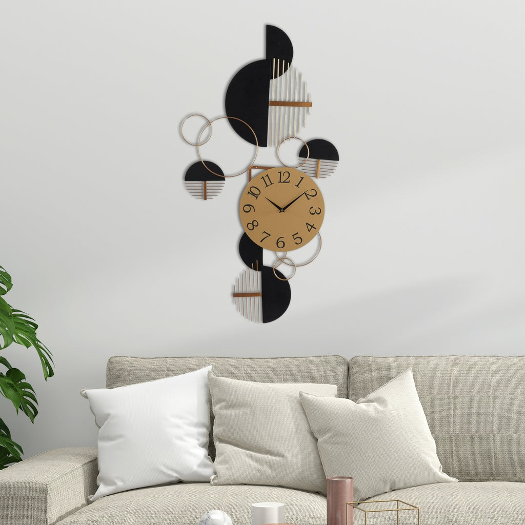 METAL GEOMETRIC HALF MOON WALL CLOCK WITH ADJUSTABLE CLOCK FACE 44X1X23 INCHES