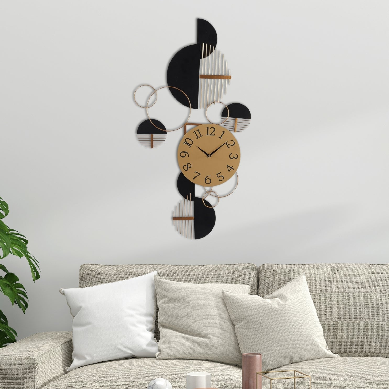 METAL GEOMETRIC HALF MOON WALL CLOCK WITH ADJUSTABLE CLOCK FACE 44X1X23 INCHES