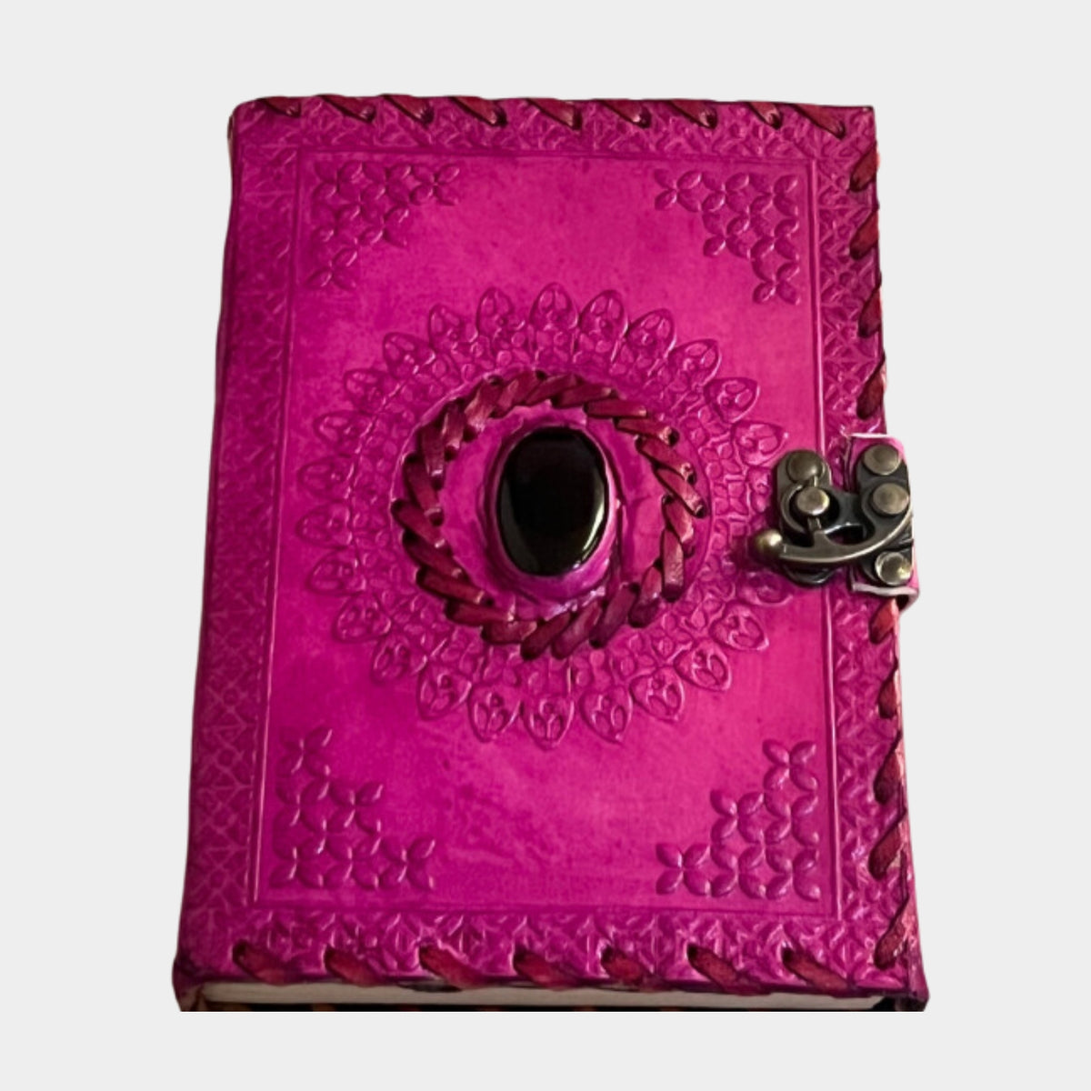 Ruby Stone Pink Leather Journal | Leather Journal Handmade Diary with Green Stone Pink Color and Metal Lock for Closure for Men and Women