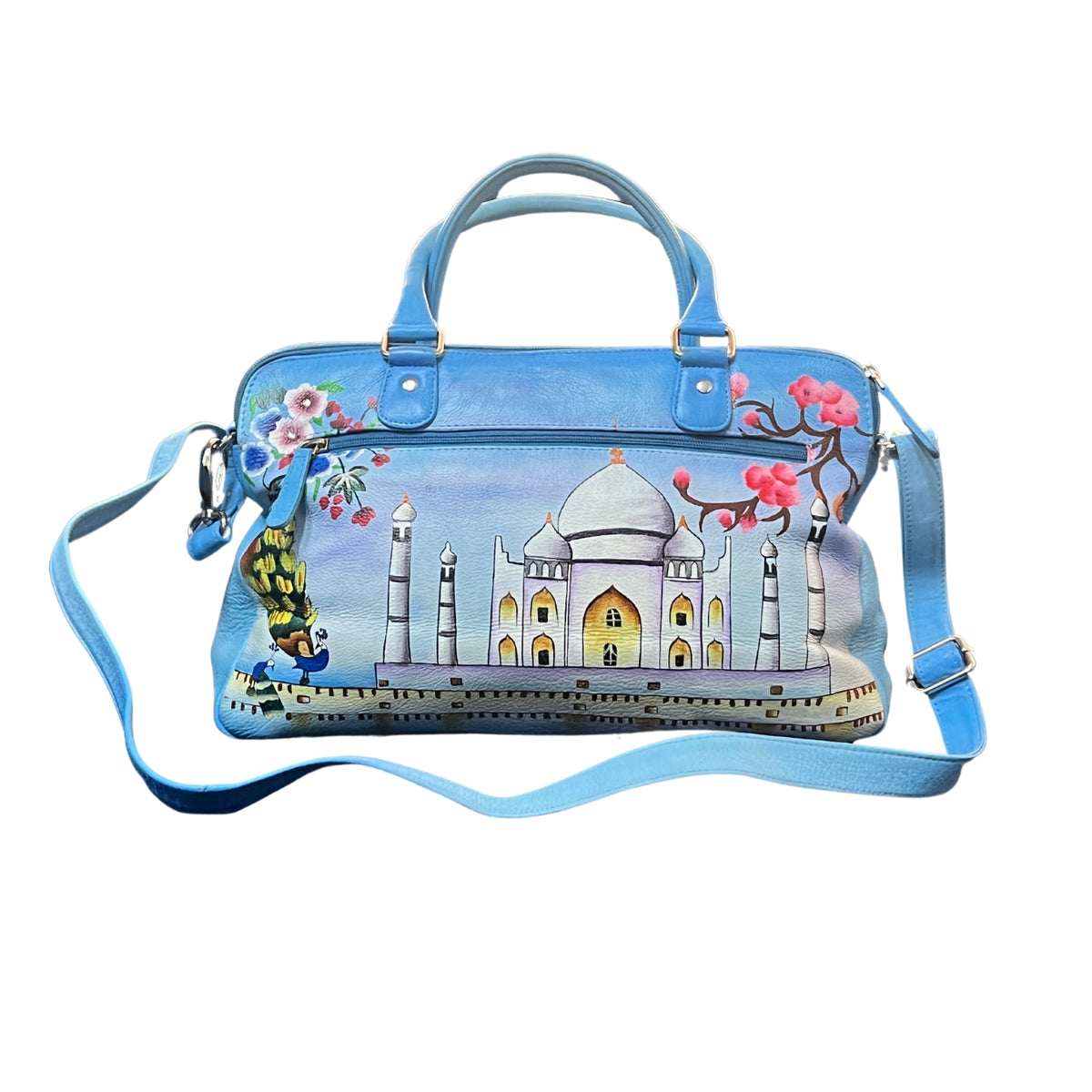 SPACIOUS SKY BLUE TAJ MAHAL HANDPAINTED 100% PURE LEATHER BAG