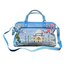 SPACIOUS SKY BLUE TAJ MAHAL HANDPAINTED 100% PURE LEATHER BAG