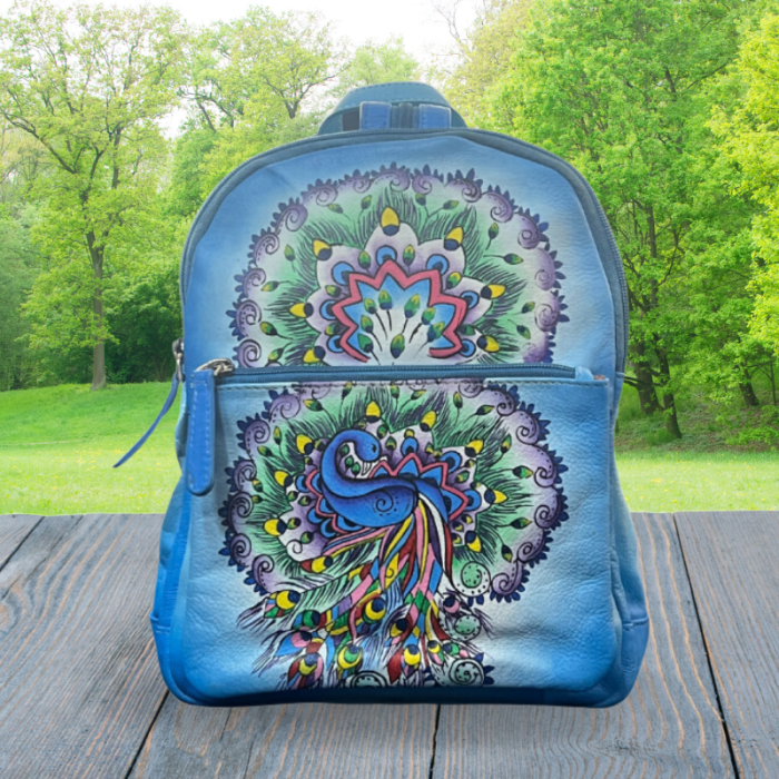 uniHOOF Premium Leather sky blue peacock Bag | Handpainted 100% pure leather Bagpack For Office | Bagpack For Travel | Bagpack For School | Office Bags | (Peacock Print)