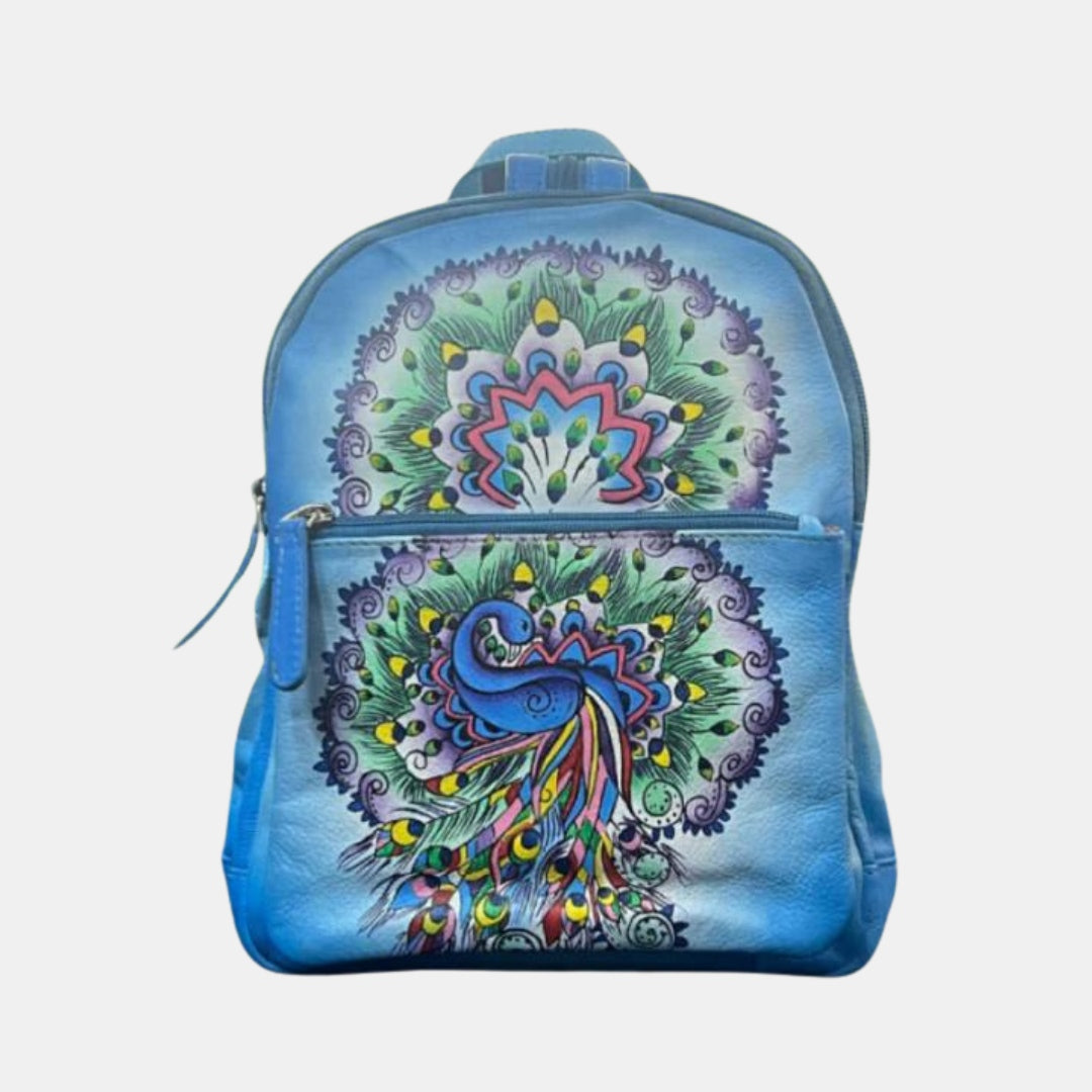 uniHOOF Premium Leather sky blue peacock Bag | Handpainted 100% pure leather Bagpack For Office | Bagpack For Travel | Bagpack For School | Office Bags | (Peacock Print)