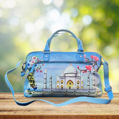 SPACIOUS SKY BLUE TAJ MAHAL HANDPAINTED 100% PURE LEATHER BAG