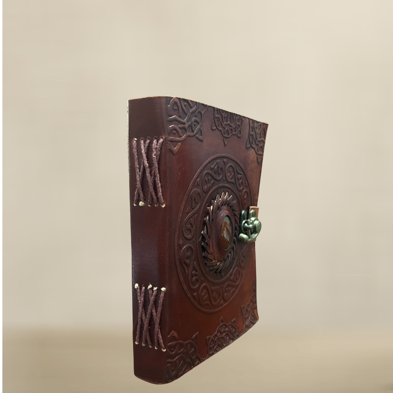 Iconic Gem Leather Journal | uniHOOF Handmade Leather Journal Diary with Metal Lock | Real Leather Green Stone Brown Embossed Brown | Perfect Leather Journal Diary