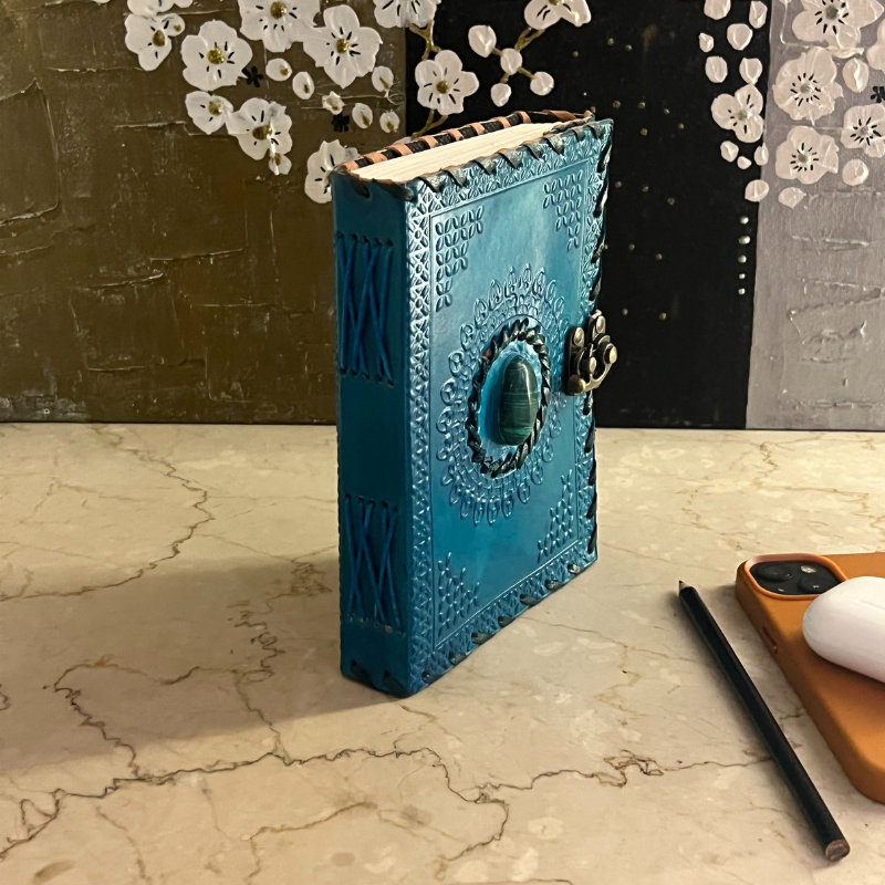 uniHOOF Ocean Blue Stone Leather Journal | Handmade Leather Journal Diary |  Perfect Leather Journal Diary | Handmade Paper