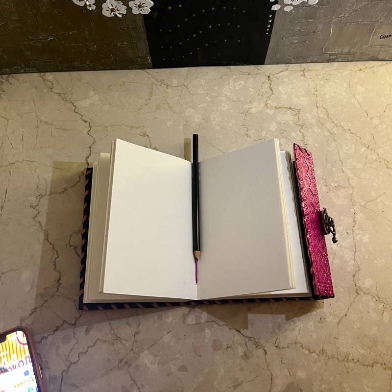 Ruby Stone Pink Leather Journal | Leather Journal Handmade Diary with Green Stone Pink Color and Metal Lock for Closure for Men and Women