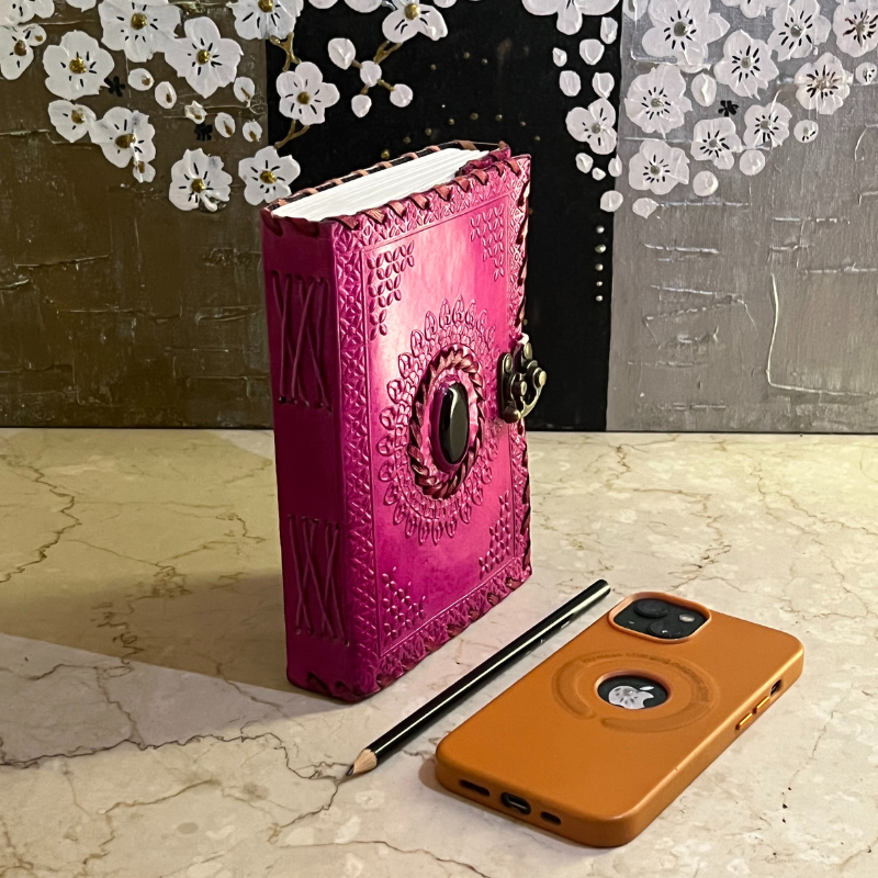 Ruby Stone Pink Leather Journal | Leather Journal Handmade Diary with Green Stone Pink Color and Metal Lock for Closure for Men and Women