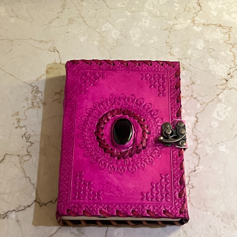 Ruby Stone Pink Leather Journal | Leather Journal Handmade Diary with Green Stone Pink Color and Metal Lock for Closure for Men and Women
