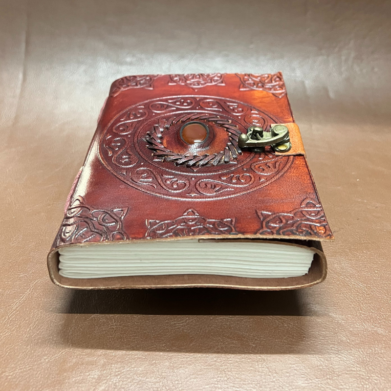 Iconic Gem Leather Journal | uniHOOF Handmade Leather Journal Diary with Metal Lock | Real Leather Green Stone Brown Embossed Brown | Perfect Leather Journal Diary