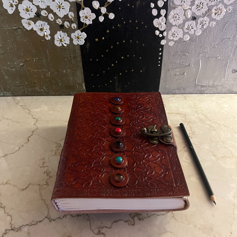 uniHOOF Vintage 7 Gem Leather Journal | Leather Diary Journal Notebook With Lock Hand Embossed & Handmade Paper