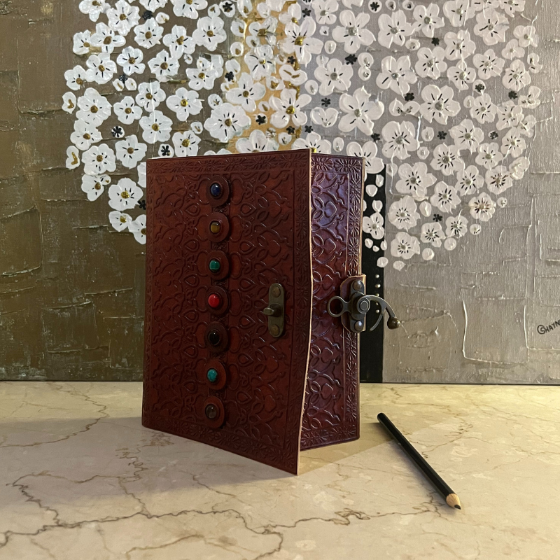 uniHOOF Vintage 7 Gem Leather Journal | Leather Diary Journal Notebook With Lock Hand Embossed & Handmade Paper