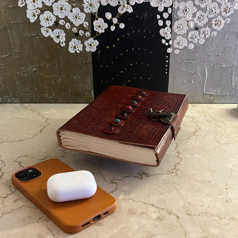 uniHOOF Vintage 7 Gem Leather Journal | Leather Diary Journal Notebook With Lock Hand Embossed & Handmade Paper