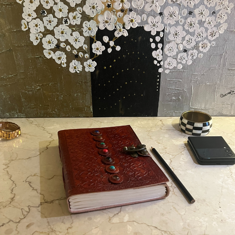 uniHOOF Vintage 7 Gem Leather Journal | Leather Diary Journal Notebook With Lock Hand Embossed & Handmade Paper