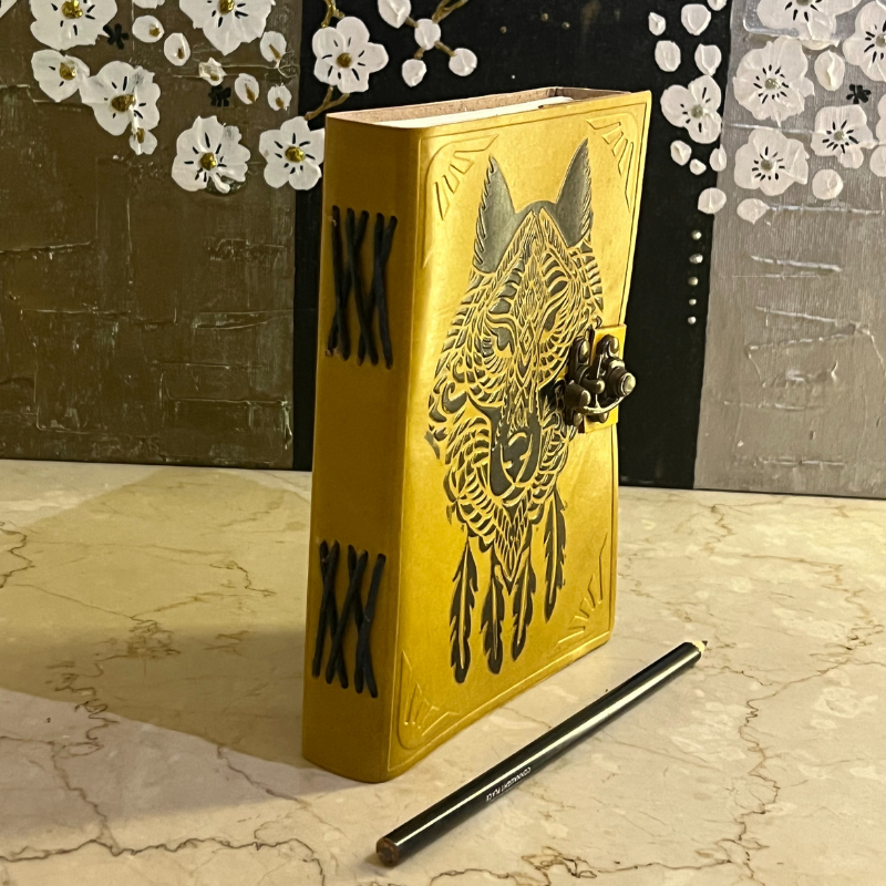 uniHOOF Vintage Classic Yellow Leather Journal | Handmade Diary with antique lock on leather A5 Diary Unruled 200 Pages