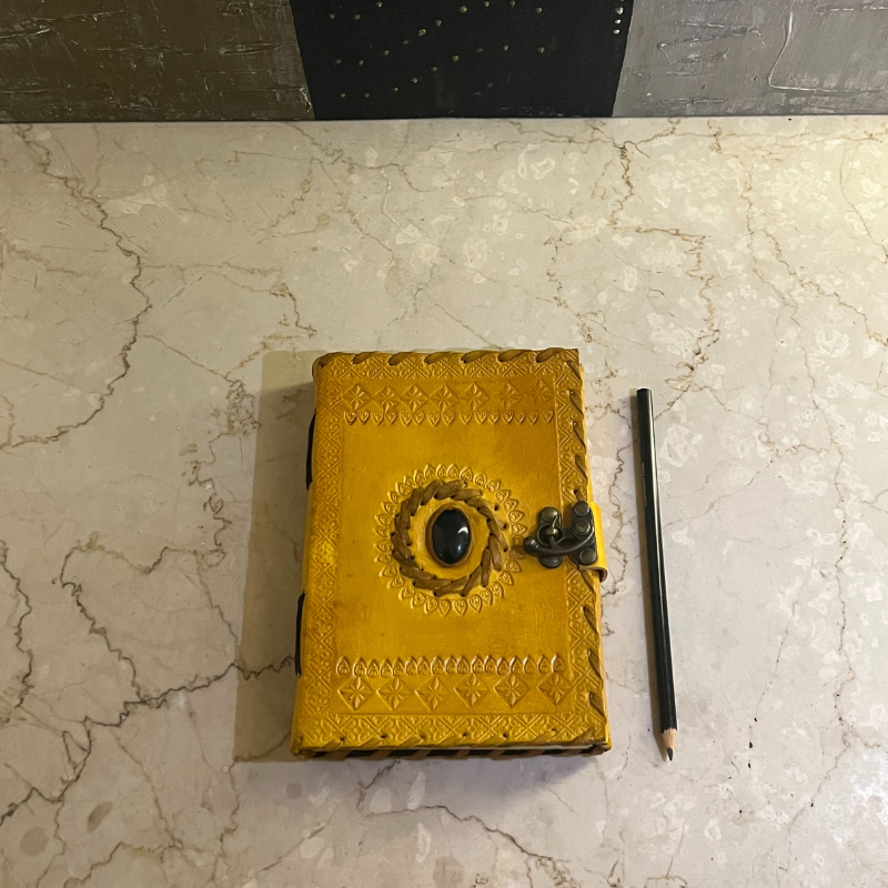 Stone Yellow Leather Journal | Craft Hand Made Leather Diary for Man and Woman | Color Yellow/Leather Diary with Stone and Metal Lock for Gift