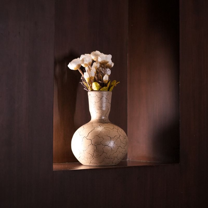 Wide Base Crack Beige Vase | Beige Vase | Classic Vase For Office | Classic Vase For Home