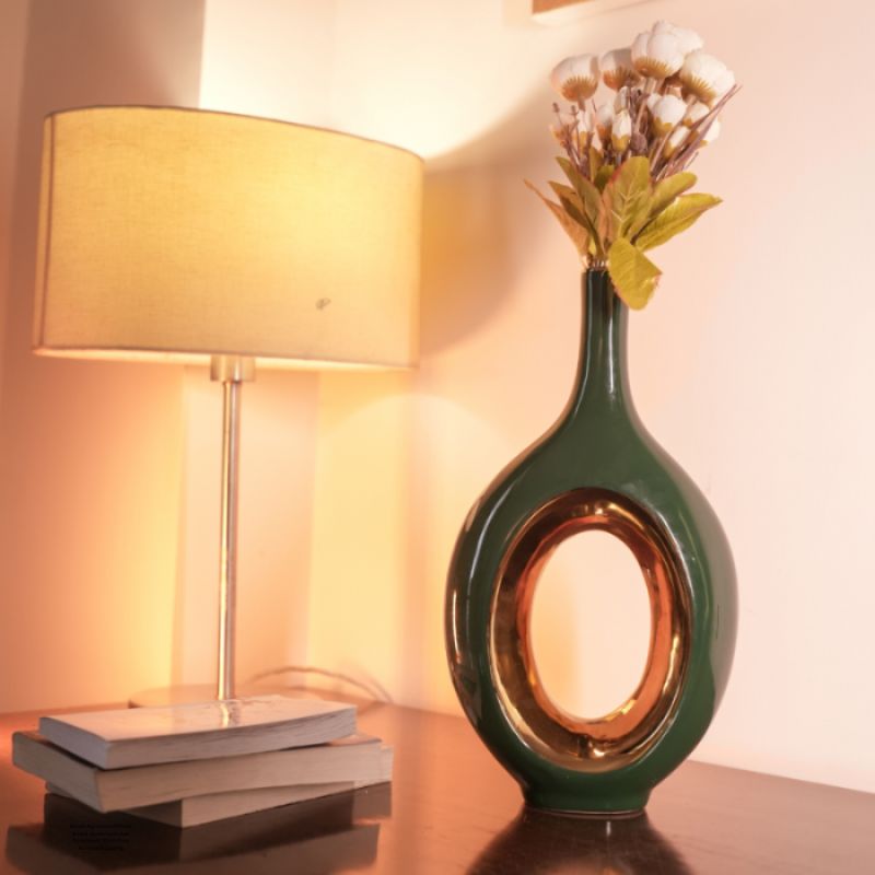 GREEN OVAL CUT VASE | Green & Gold Lustrous Floor Vase | Vase For Home | Vase For Office | Green Gold Vase