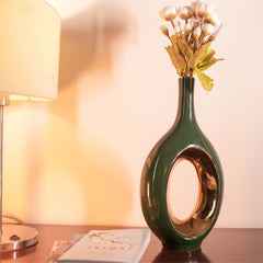 GREEN OVAL CUT VASE | Green & Gold Lustrous Floor Vase | Vase For Home | Vase For Office | Green Gold Vase