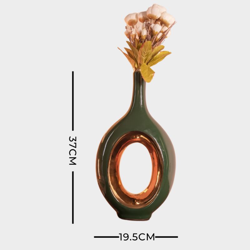 GREEN OVAL CUT VASE | Green & Gold Lustrous Floor Vase | Vase For Home | Vase For Office | Green Gold Vase