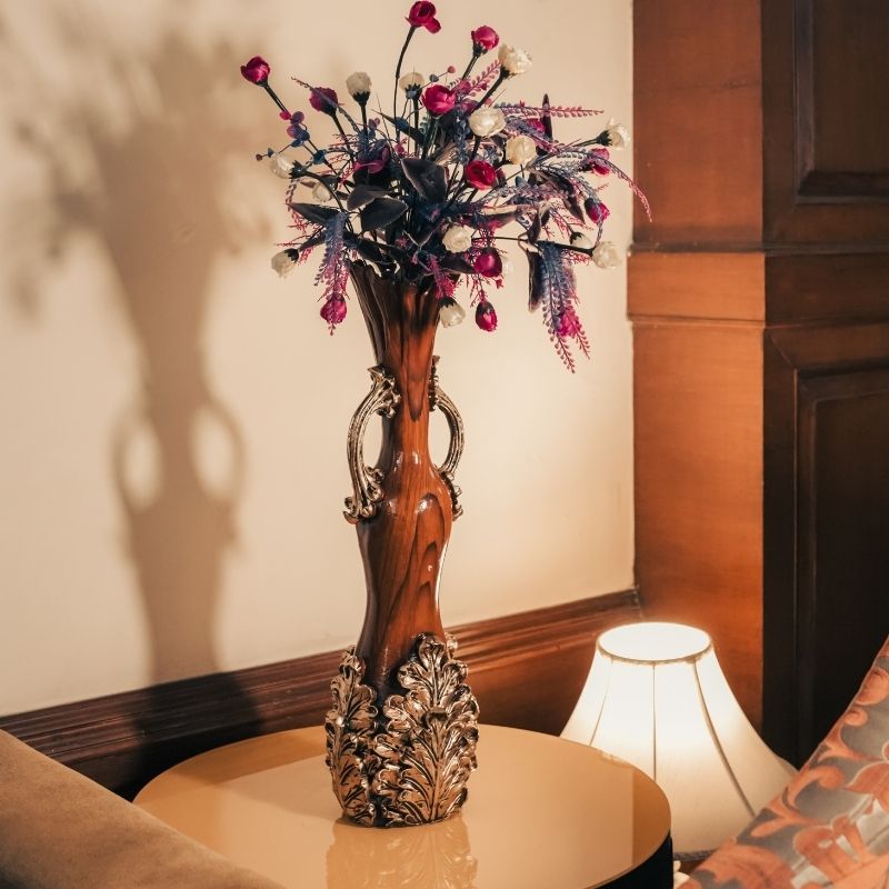 Our Urban Golden Hand Leafy Vase | Vase Golden | Wooden Brown Vase | Brown And Gold Vase For Home | Brown And Gold Vase For Office