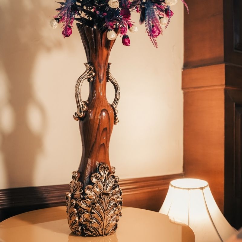 Our Urban Golden Hand Leafy Vase | Vase Golden | Wooden Brown Vase | Brown And Gold Vase For Home | Brown And Gold Vase For Office