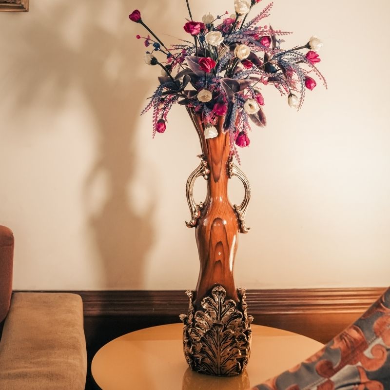 Our Urban Golden Hand Leafy Vase | Vase Golden | Wooden Brown Vase | Brown And Gold Vase For Home | Brown And Gold Vase For Office